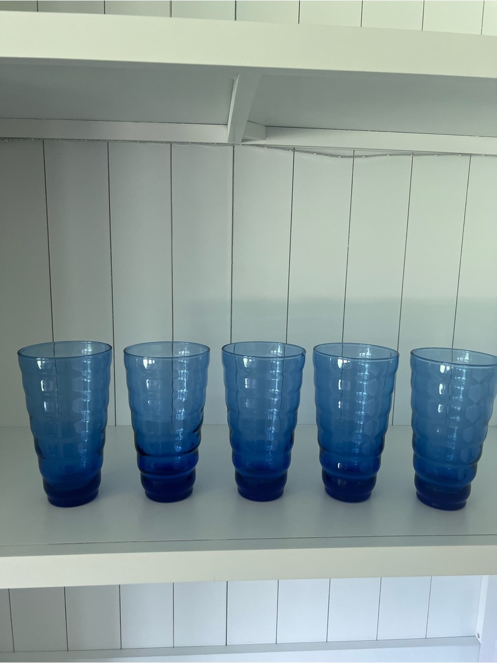 Set of 5 Blue Ribbed Glass Tumblers